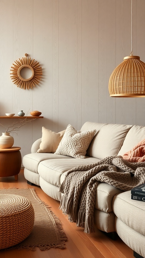 Cozy living room with layered textures including a soft couch, woven basket, and decorative pillows.