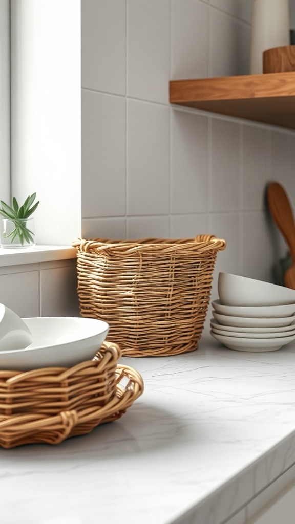 A kitchen countertop featuring a woven basket, ceramic dishes, and a minimalist design.