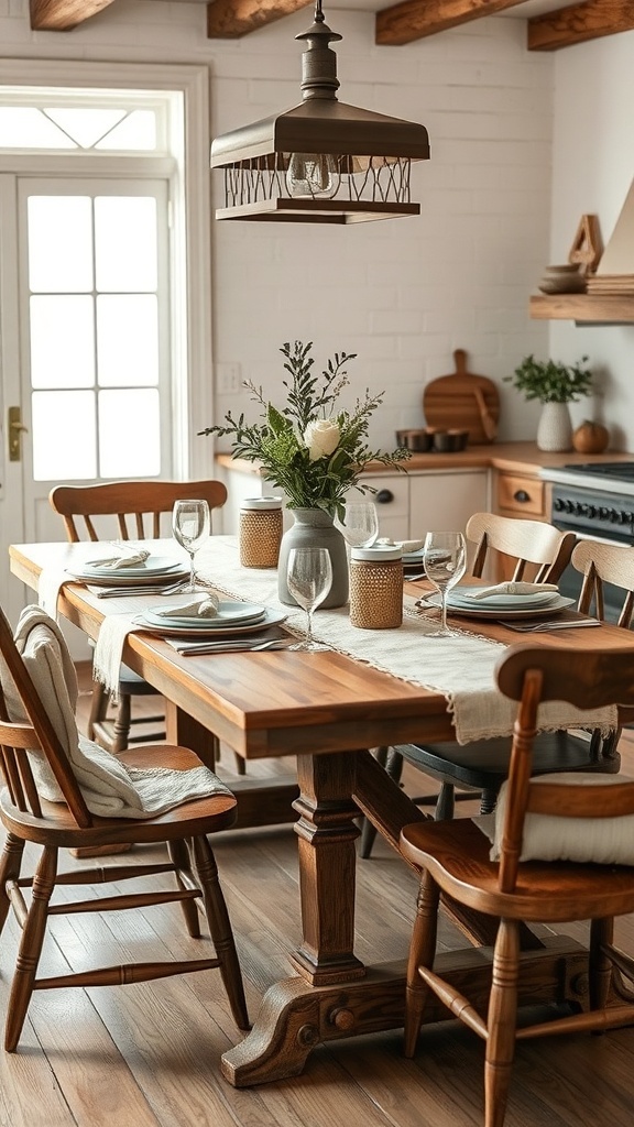 A cozy farmhouse kitchen table setting with wood elements, linen, and a floral centerpiece.