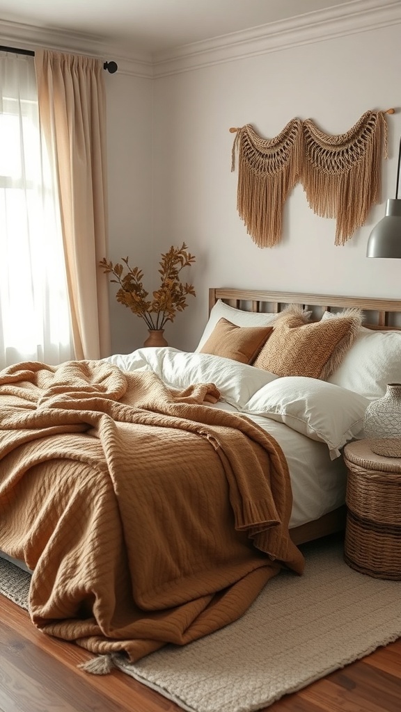 Cozy winter bedding with layered textures in a warm-toned bedroom