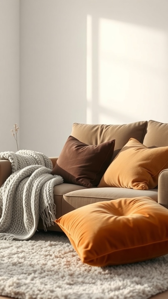 A warm-tone living room with a cozy sofa, cushions, and a knitted throw.