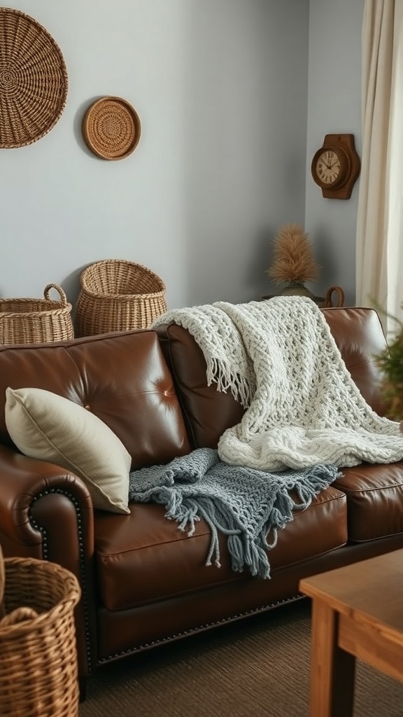 Leather couch with blankets and woven baskets in a farmhouse living room