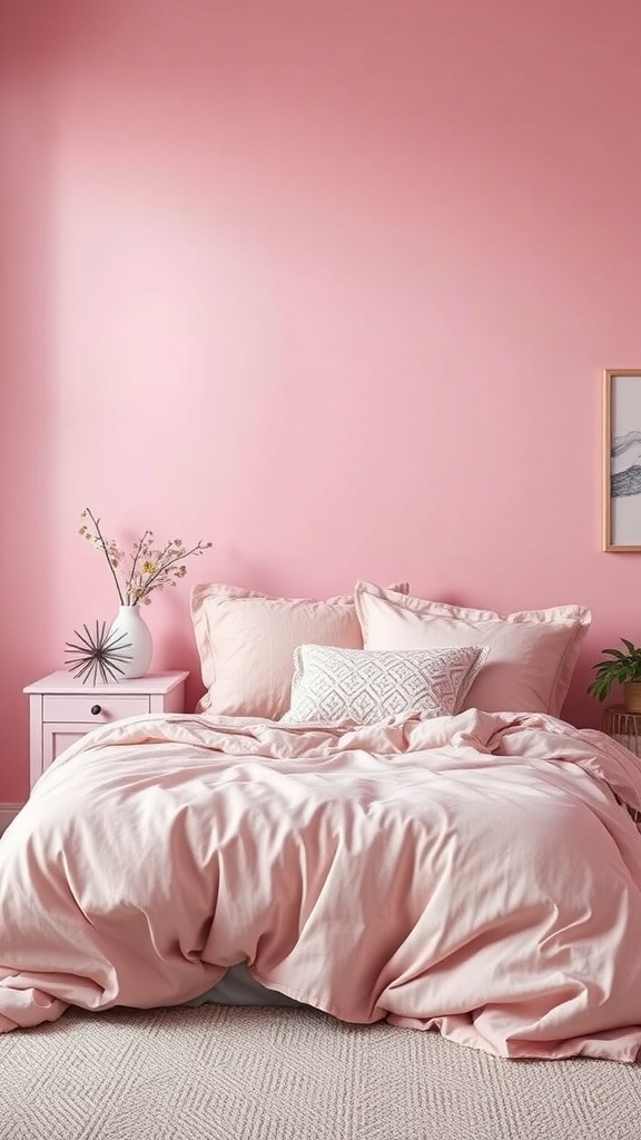 A cozy pink bedroom with layered textures, including a pink bedspread and decorative pillows.