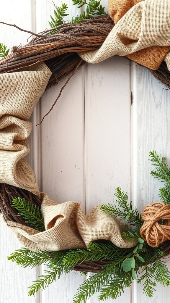 A rustic Christmas wreath featuring burlap, greenery, and twine.