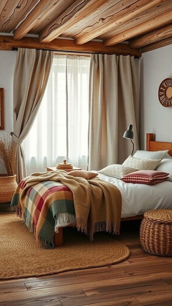 A cozy rustic bedroom featuring layered textures with a wool blanket, wooden furniture, and natural fiber rugs.