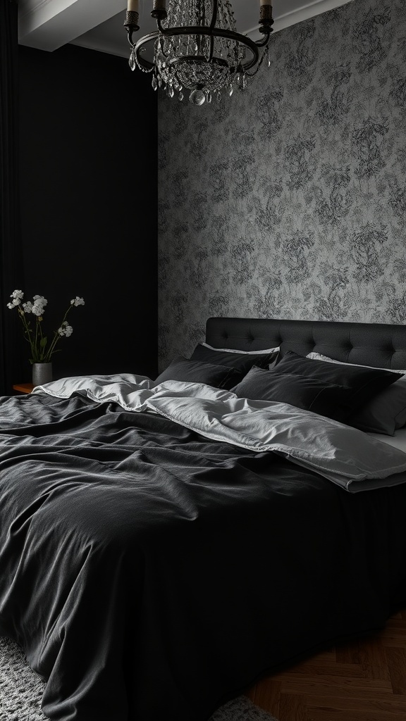 A stylish bedroom featuring a black velvet bed, patterned wallpaper, and elegant chandelier.