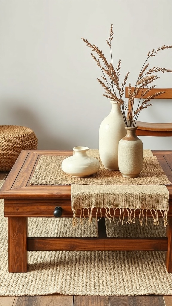 A rustic coffee table decorated with a woven runner, ceramic vases, and dried flowers.