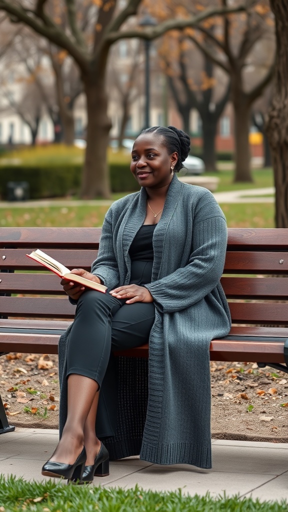 A black woman sitting on a bench wearing a gray cardigan and black outfit, reading a book in a park.