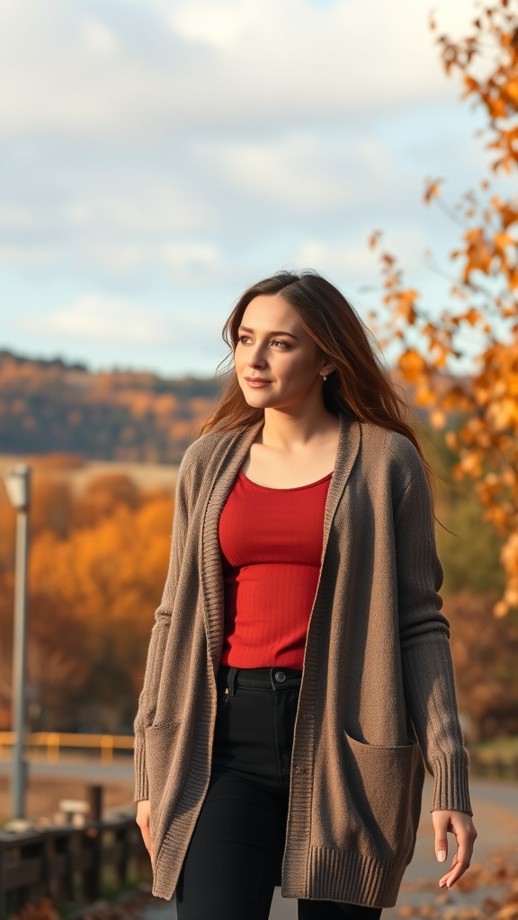 A woman wearing a cardigan and a red top, walking outdoors in a fall setting.