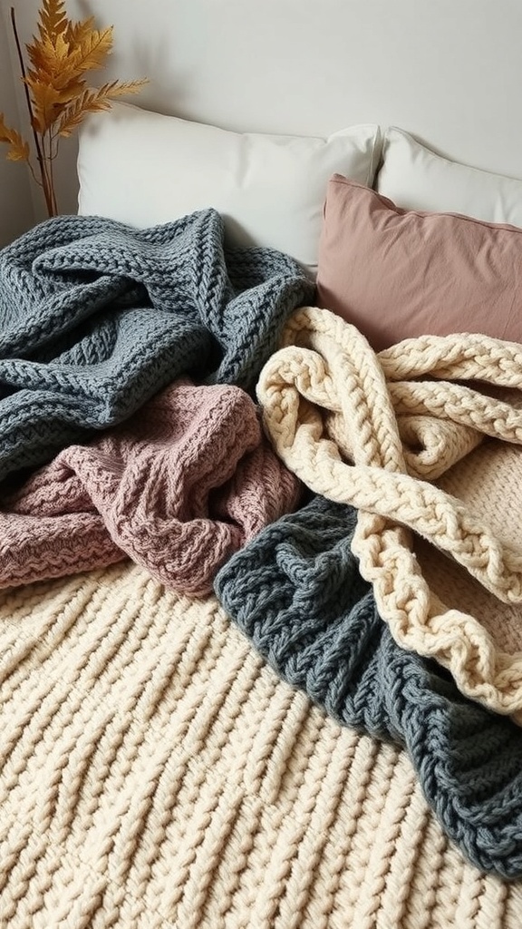A cozy bed layered with chunky knit blankets in soft colors, showcasing a warm and inviting fall bedding style.