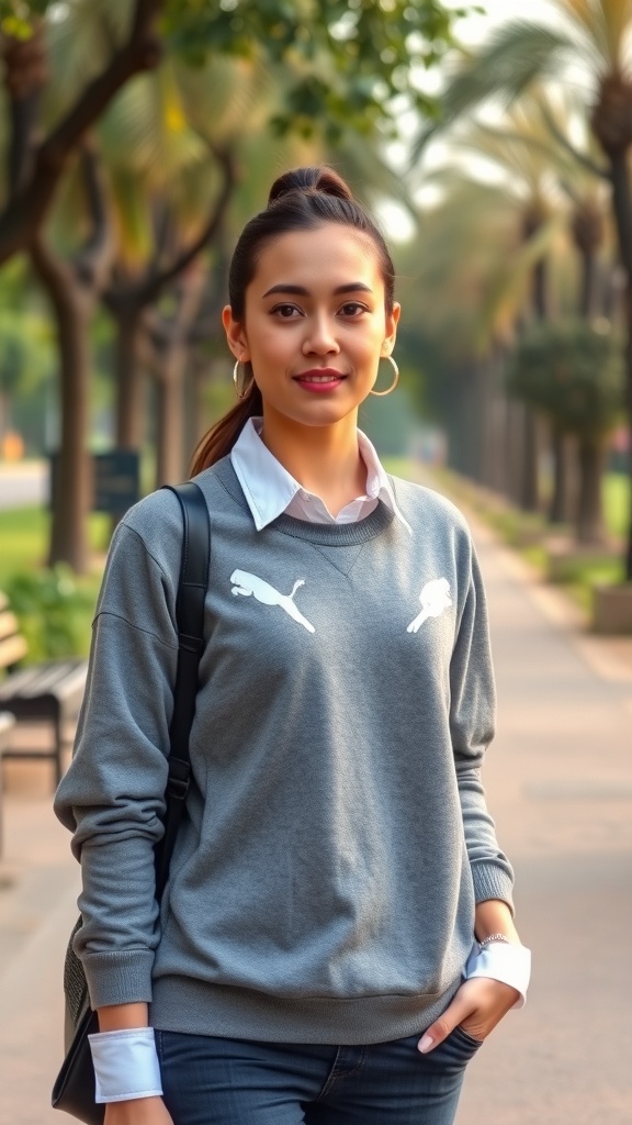 A woman wearing a graphic sweatshirt layered over a collared shirt, standing in a park.