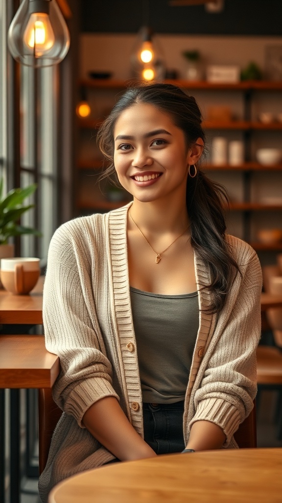 A young woman smiling while wearing a light beige cardigan over a tank top, seated in a cozy café setting.