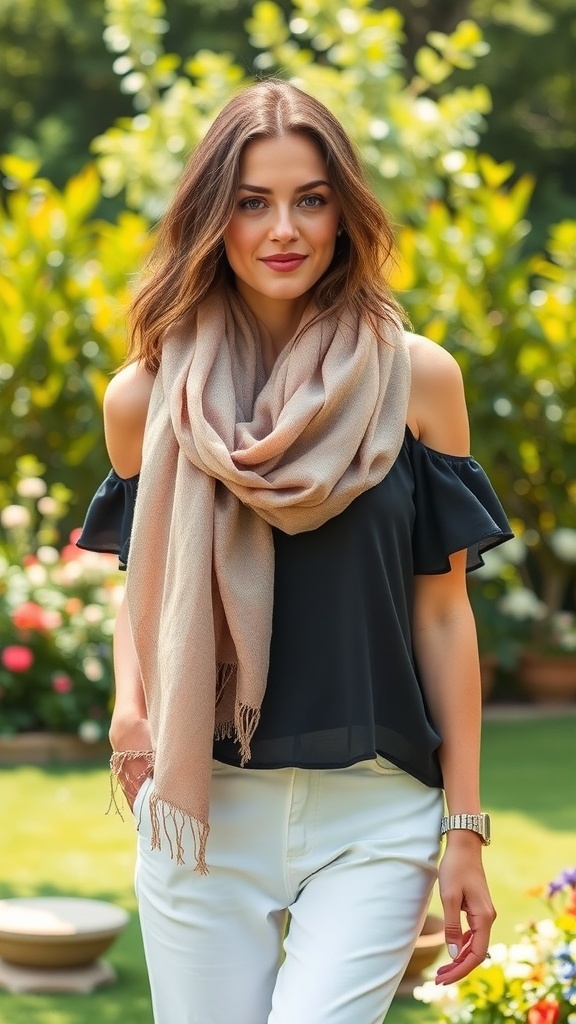 A woman wearing a lightweight beige scarf, styled casually in a garden setting.