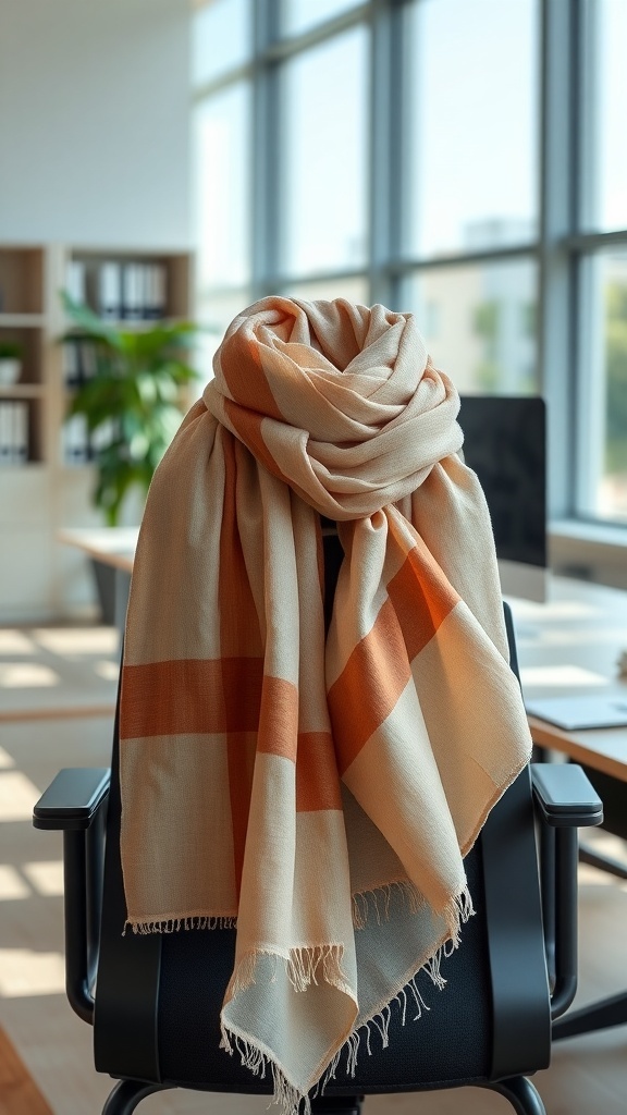 A lightweight scarf draped over a chair in a modern office setting.