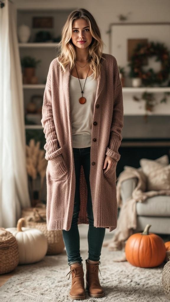 A woman wearing a long pink cardigan over a white tank top, paired with jeans and ankle boots, standing in a cozy room decorated for fall.
