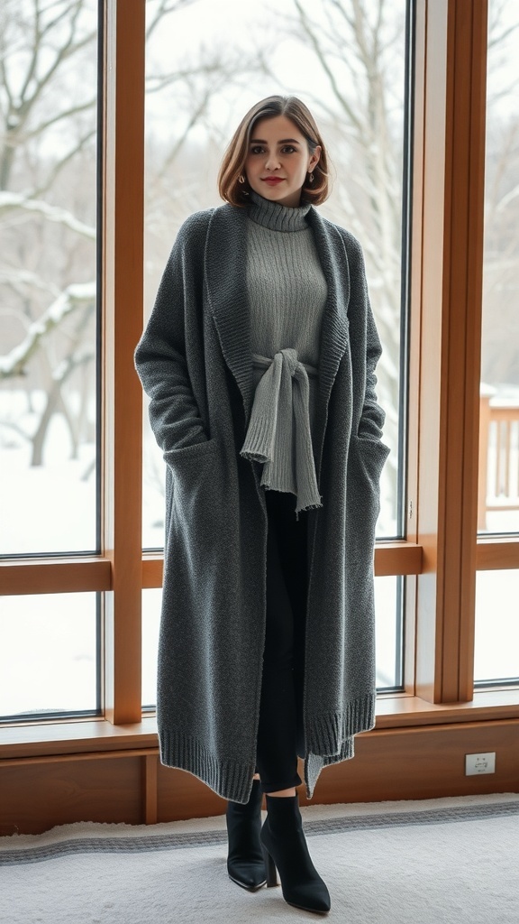 A woman in a long gray cardigan and turtleneck, standing by a window with a snowy landscape outside.