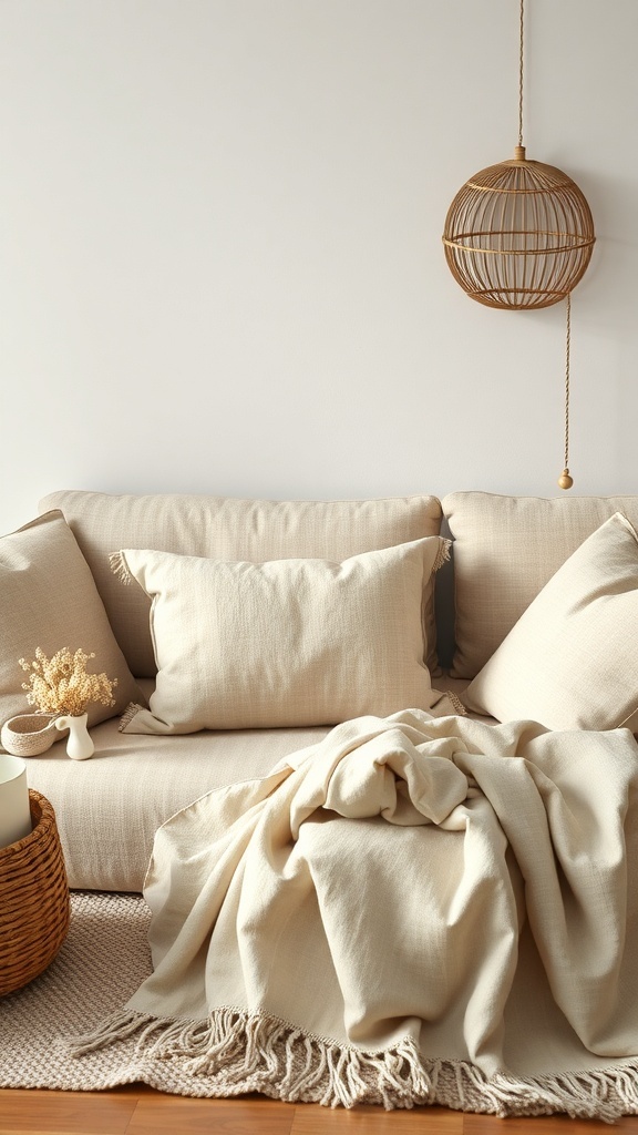 A cozy living room with natural fabrics, featuring a beige sofa with cushions and a throw blanket.