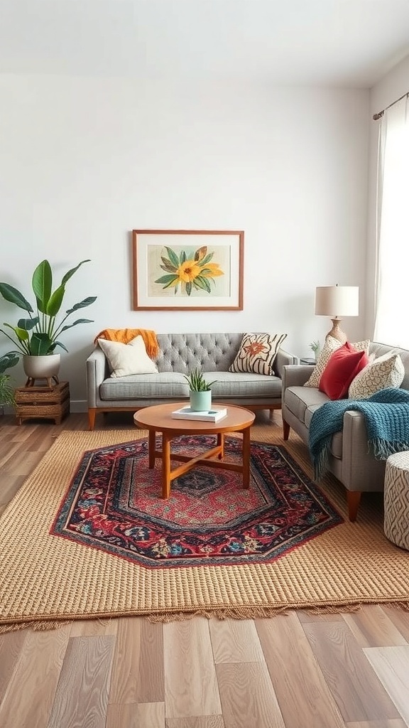 A cozy living room featuring layered rugs, a coffee table, and comfortable seating.