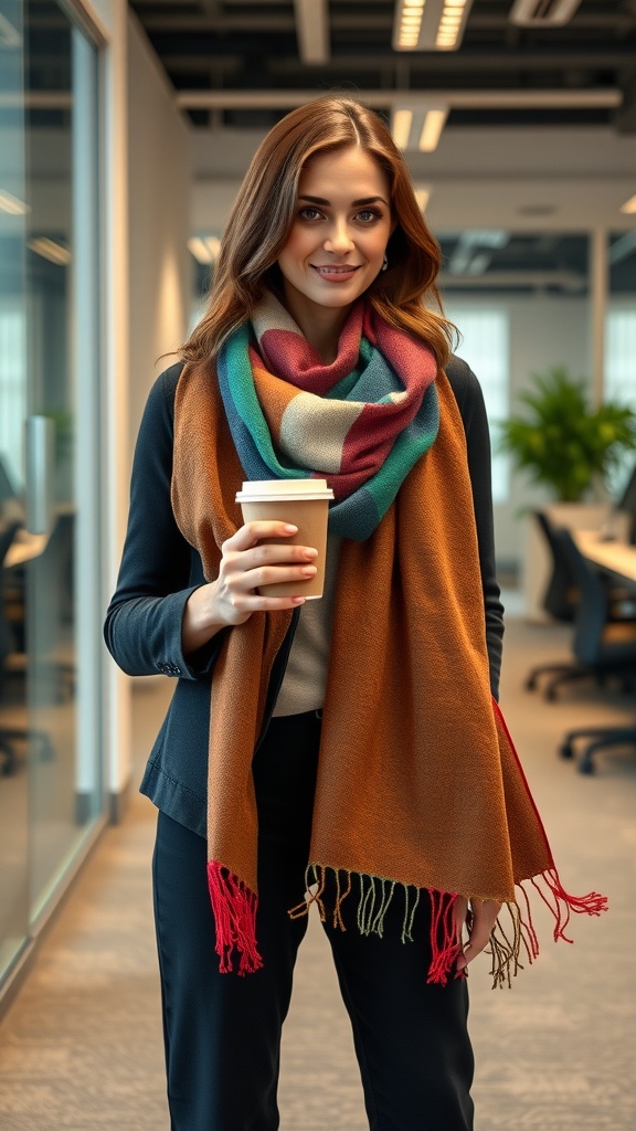 A woman in a stylish smart casual outfit holding a coffee cup and wearing a colorful scarf in an office setting.