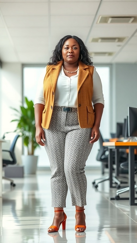 A confident plus-size woman wearing a mustard vest over a white blouse and patterned trousers, standing in an office setting.
