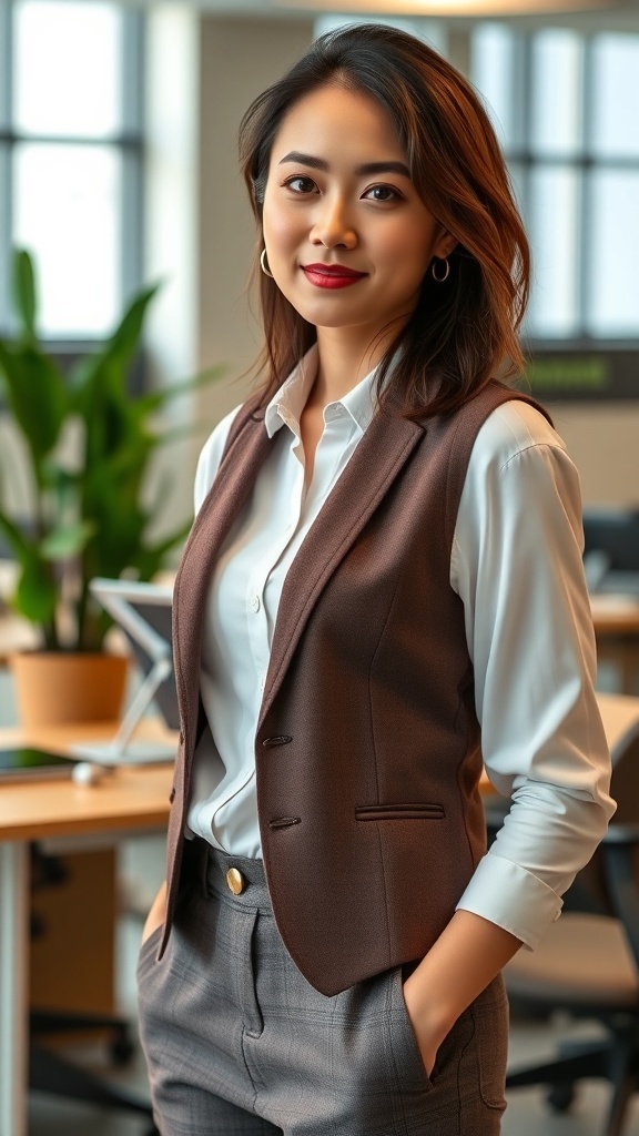 A woman in a brown vest over a white shirt, standing confidently in a modern office setting.