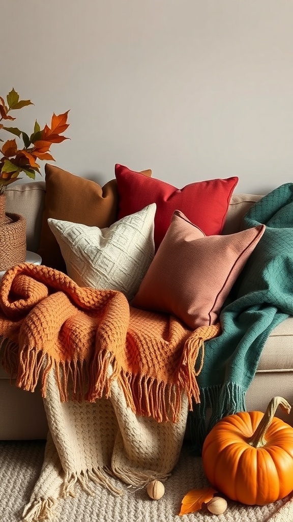 Cozy fall decor with layered throws and pillows on a couch, featuring warm colors and a pumpkin.