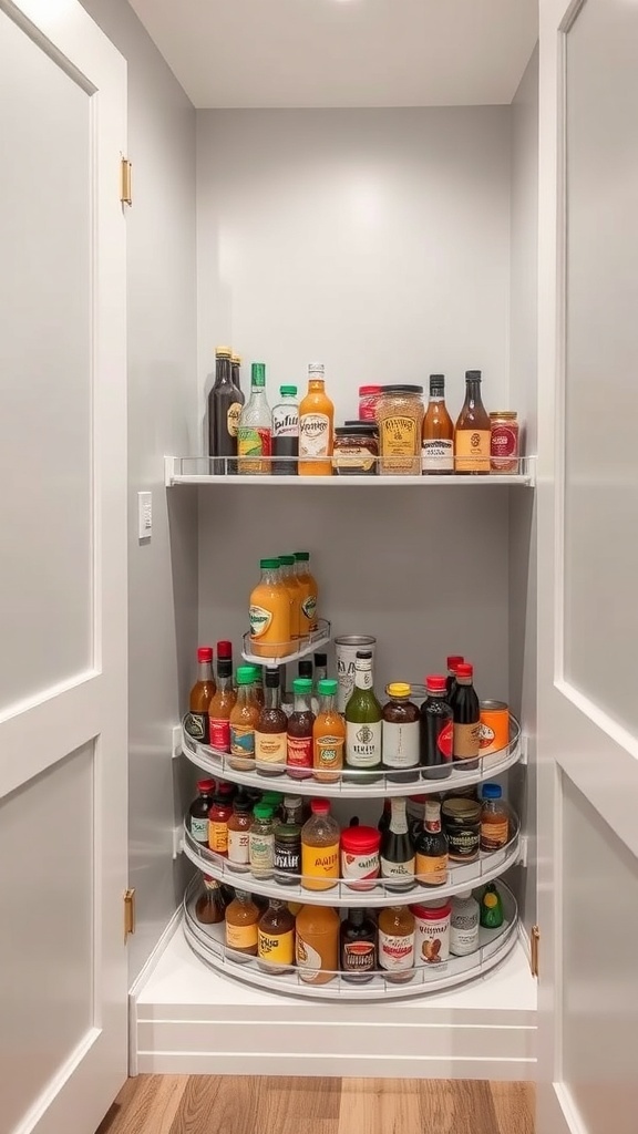 A well-organized pantry featuring a Lazy Susan with various sauces and condiments.