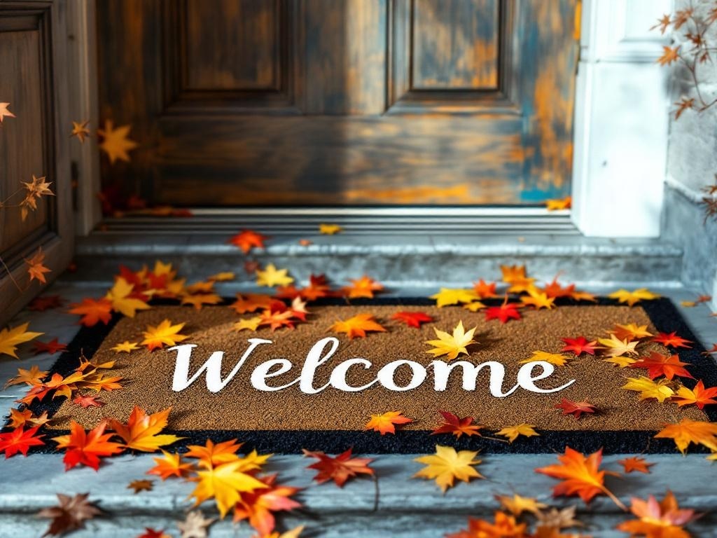 A welcome mat with the word 'Welcome' surrounded by colorful autumn leaves.