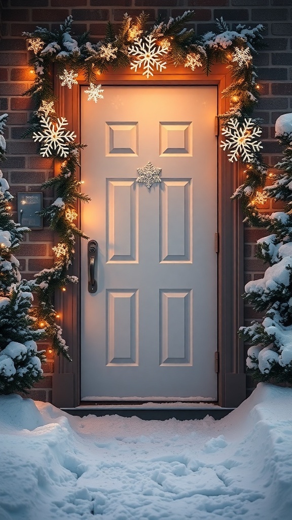 A beautifully decorated door with LED snowflake string lights and snow-covered surroundings.