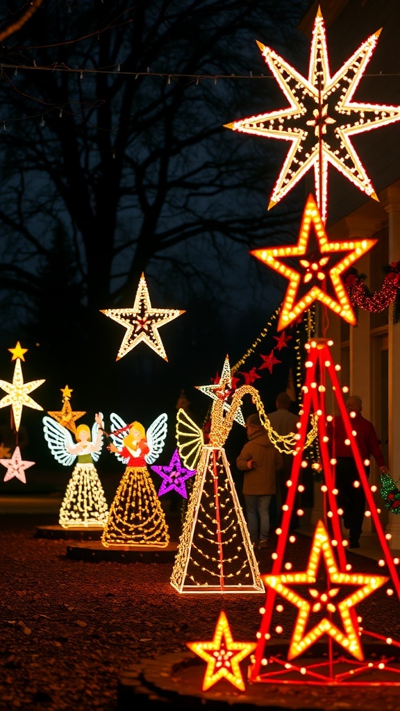 Colorful light-up Christmas figures including angels and stars in a festive outdoor display