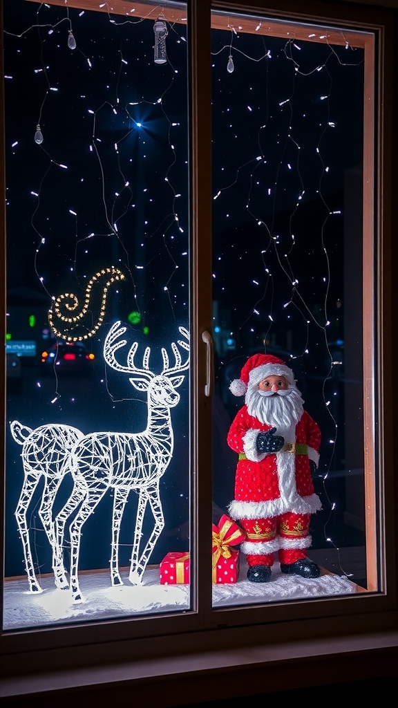 A window display featuring a light-up Santa and reindeer with Christmas decorations.