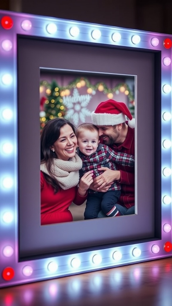 A light-up Christmas picture frame featuring a happy family.