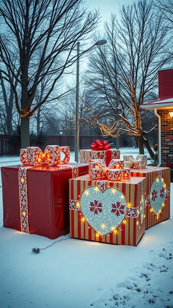 Oversized light-up Christmas gifts in a snowy yard