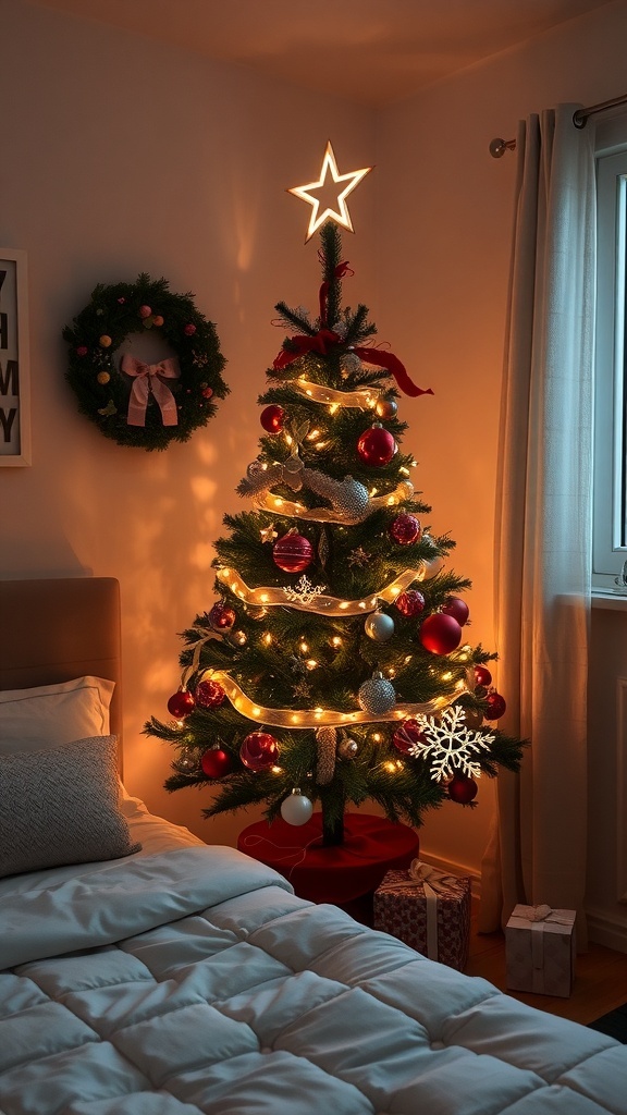 A small Christmas tree with lights and ornaments in a bedroom corner, next to a bed.