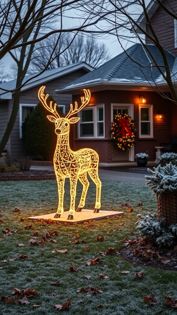 A glowing light-up reindeer in a snowy yard with a decorated house in the background.