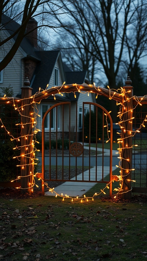 A beautifully wrapped gate with warm Christmas lights.