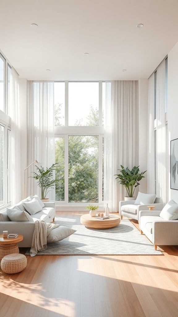 A bright and airy living room with large windows, light-colored furniture, and plants.