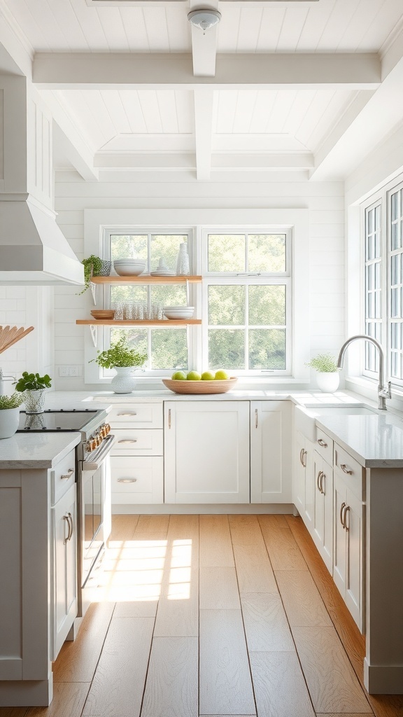Coastal farmhouse kitchen with light colors and natural wood accents.