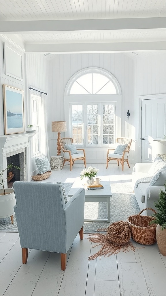 A bright and airy coastal farmhouse living room with light colors and natural elements.