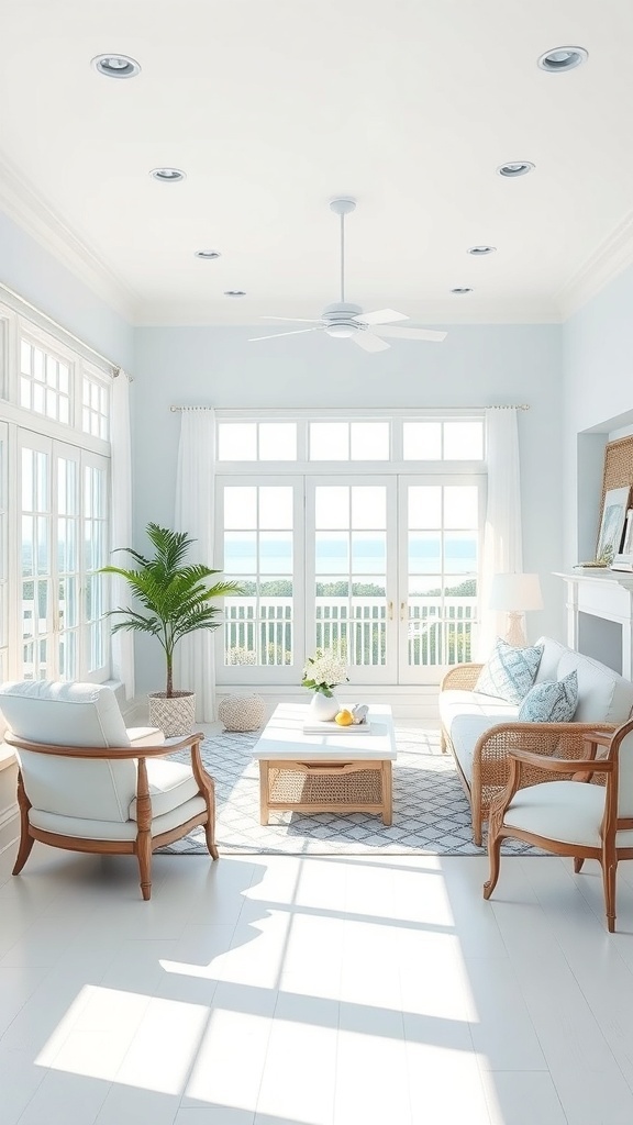 Coastal cottage living room with light and airy color palette.