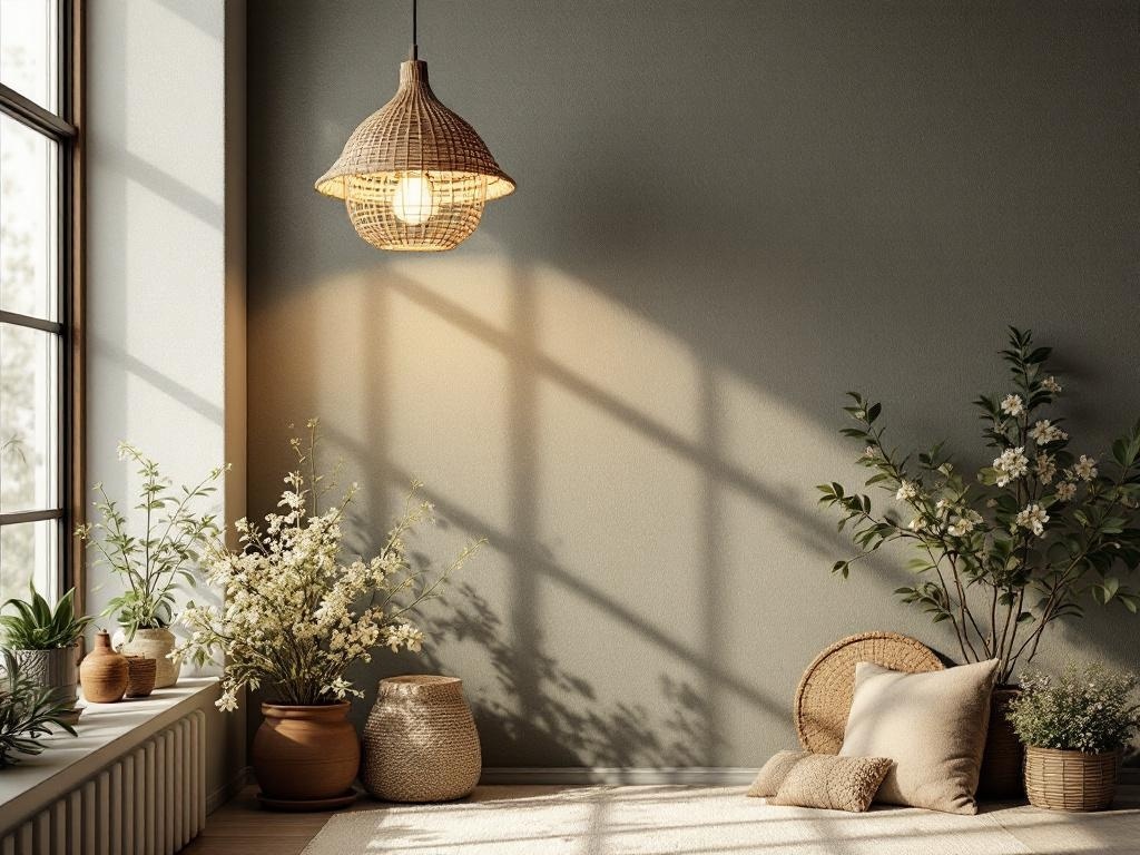 A cozy room with a woven pendant light, plants, and neutral decor, creating a light and airy atmosphere.