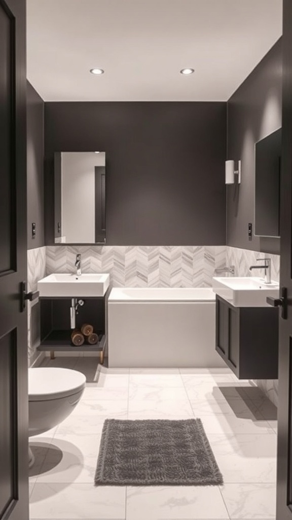 Modern bathroom with light charcoal walls and contrasting tiles.