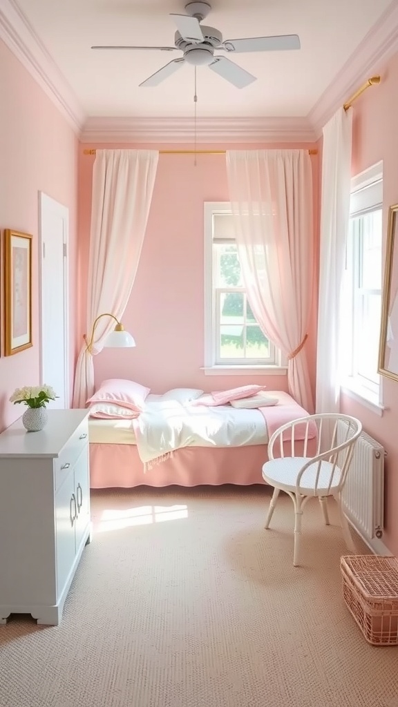 A small guest bedroom featuring soft pink walls, white furniture, and natural light.