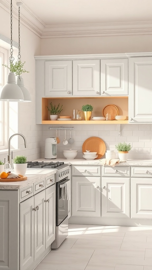 A light grey kitchen with pastel accents, featuring open shelving and potted plants.