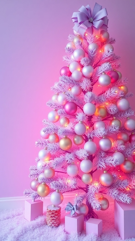 Light purple Christmas tree with ornaments and pastel gifts.