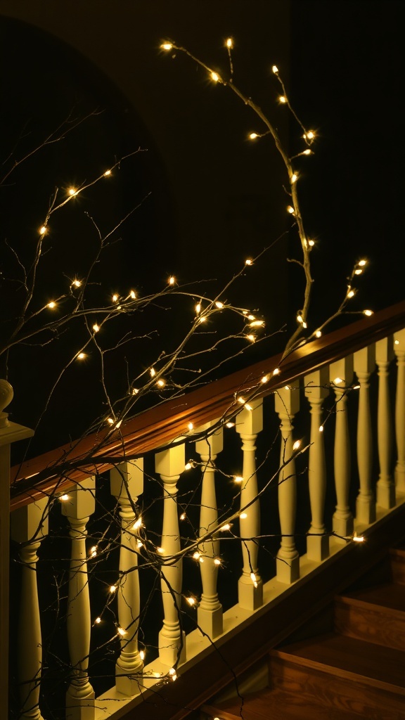 Lighted branches wrapped around a banister, creating a warm glow.