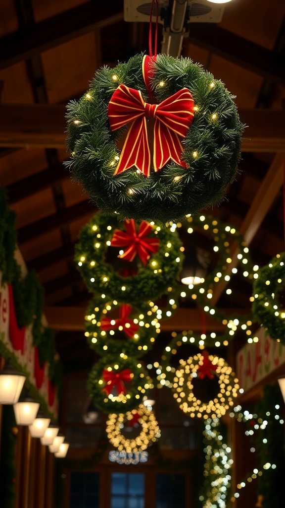 Ceiling decorated with lighted Christmas wreaths and festive bows