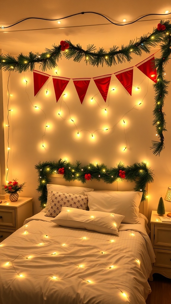 A cozy bedroom decorated with lighted garlands and festive banners for Christmas.