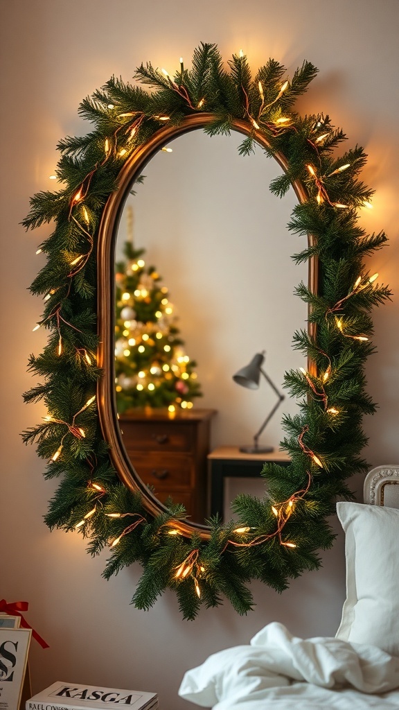 A mirror surrounded by a lighted garland in a cozy bedroom setting.