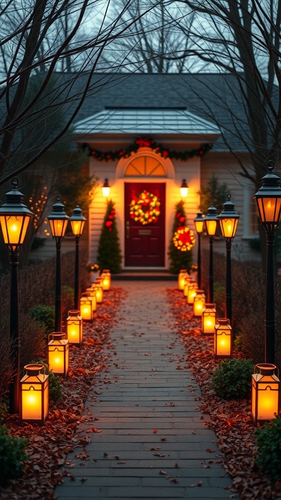 A beautifully lit pathway lined with lanterns leading to a decorated front door.